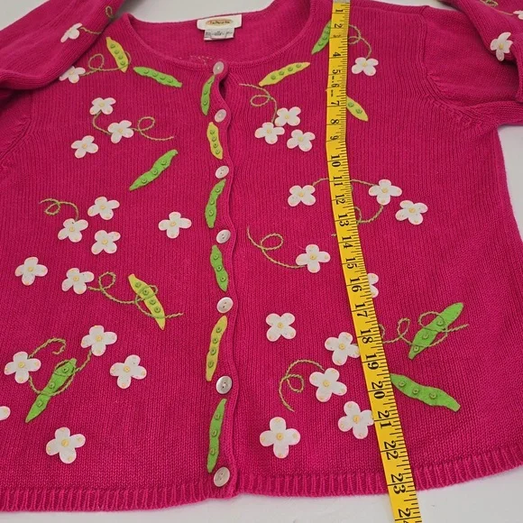Talbots Pink Ramie Blend Cardigan Felt Sweet Peas Floral Embroidery Size Medium - Picture 11 of 13
